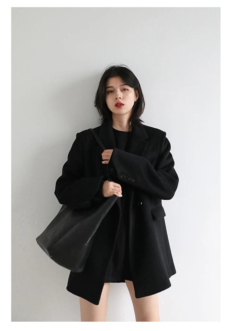 Wool Blend Mid Long Blazer Coat for Women