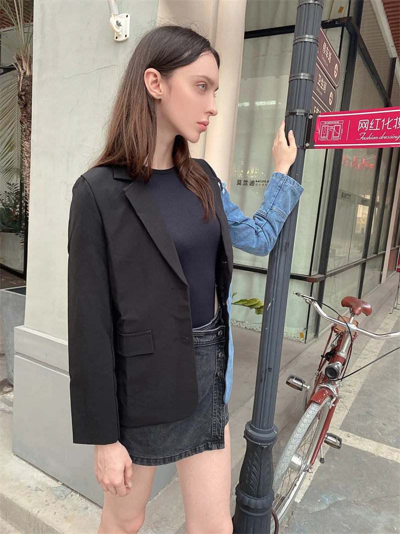 Women Vintage Denim Patchwork Blazer Coat