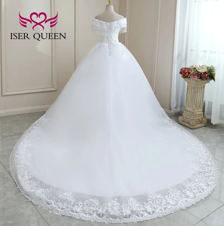Customized Crystal Beaded Lace Wedding Dress Plus Size