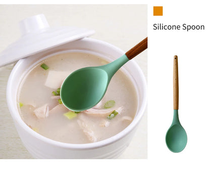 Silicone Kitchen Utensils Set with Wooden Handles