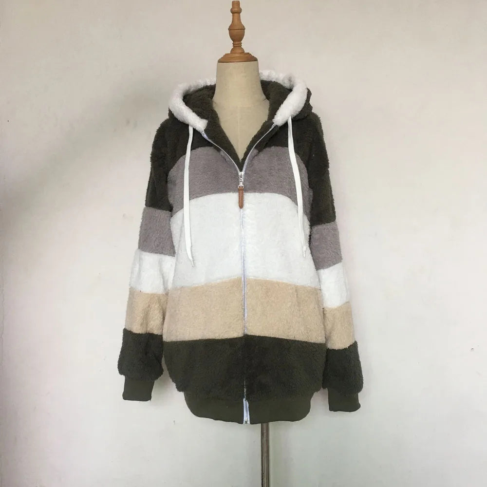 Warm Plush Hooded Coat with Zipper Pockets for Women