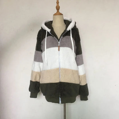Warm Plush Hooded Coat with Zipper Pockets for Women