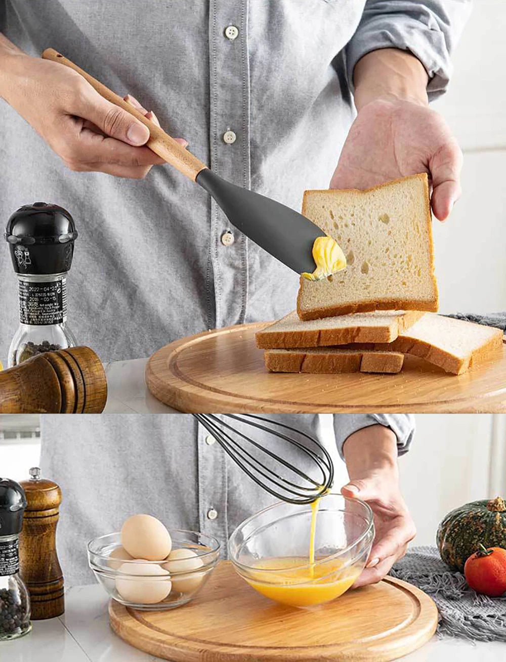 Silicone Kitchen Utensils Set with Wooden Handles