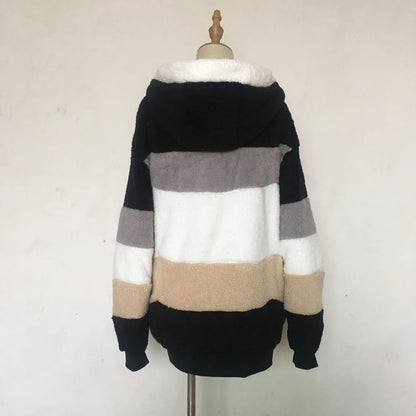 Warm Plush Hooded Coat with Zipper Pockets for Women