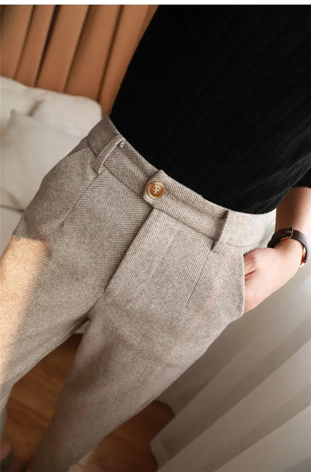 Woolen Harem Pencil Pants High Waisted Casual Trousers