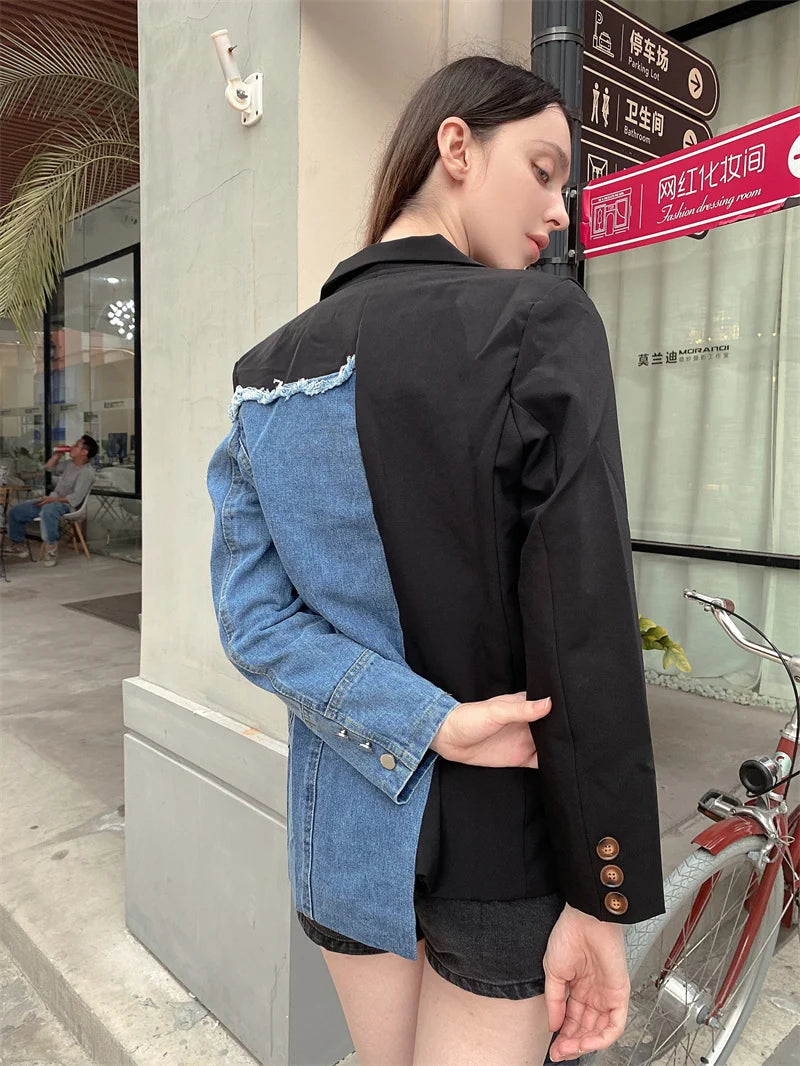 Women Vintage Denim Patchwork Blazer Coat