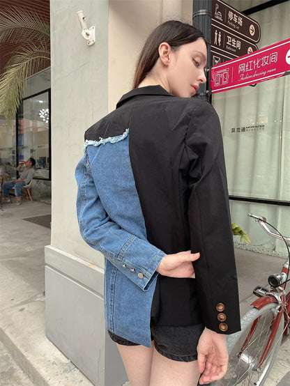 Women Vintage Denim Patchwork Blazer Coat