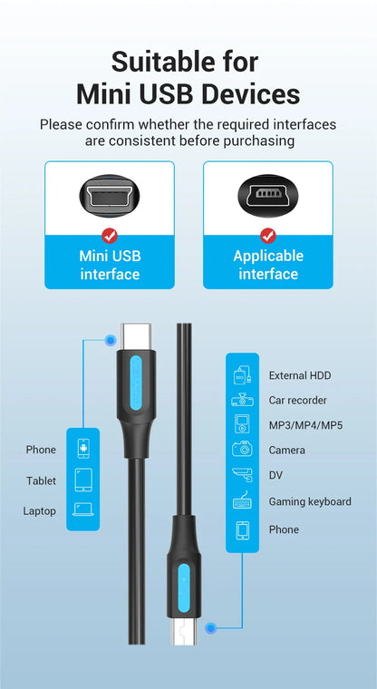 Vention USB C to Mini USB Cable for Digital Camera