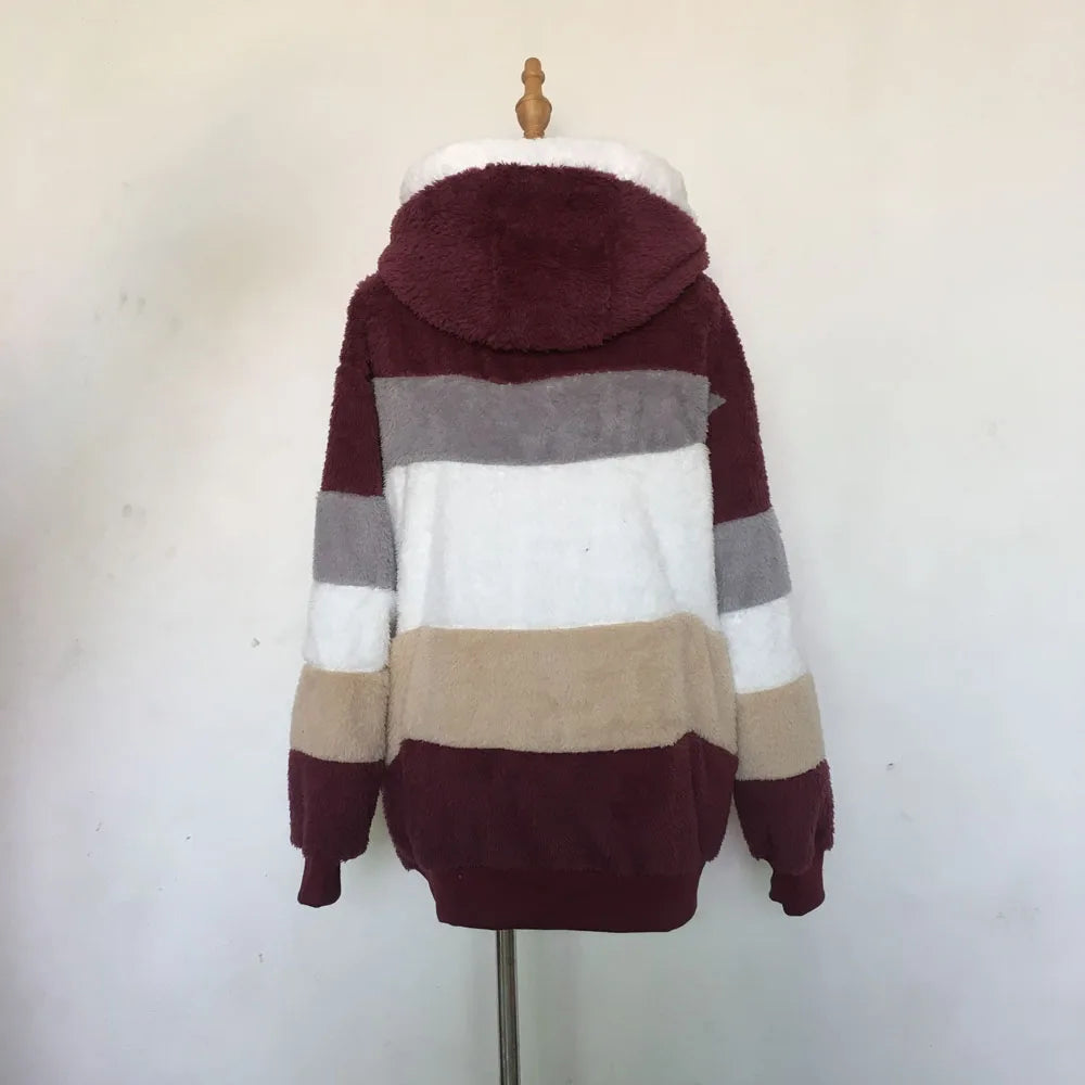 Warm Plush Hooded Coat with Zipper Pockets for Women