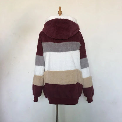 Warm Plush Hooded Coat with Zipper Pockets for Women