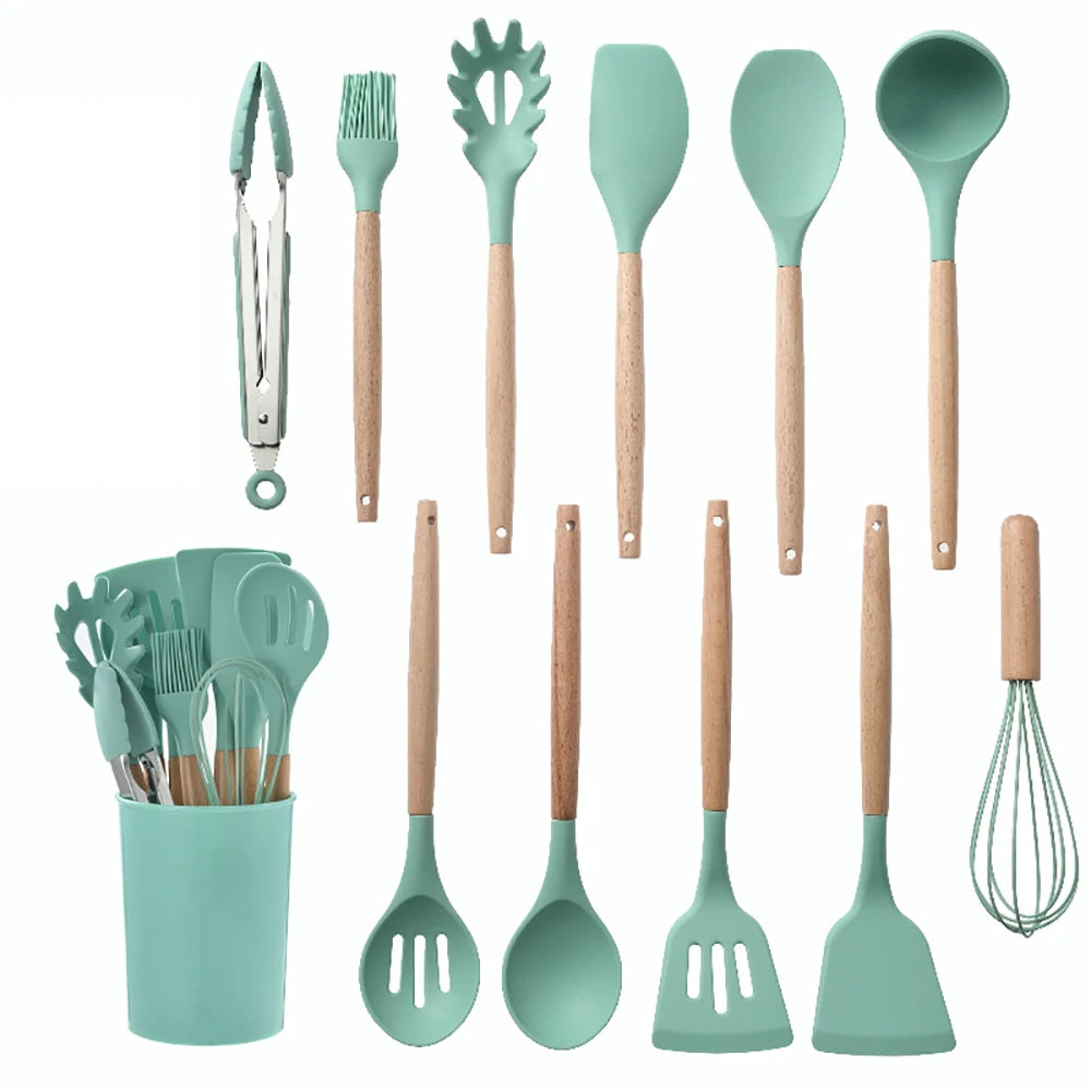 Silicone Kitchen Utensils Set with Wooden Handles
