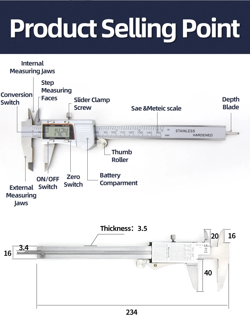Digital Caliper Stainless Steel Thickness Gauge