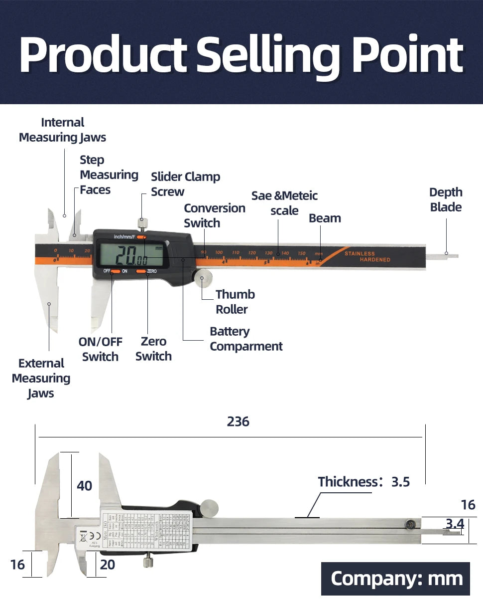 Digital Caliper Stainless Steel Thickness Gauge