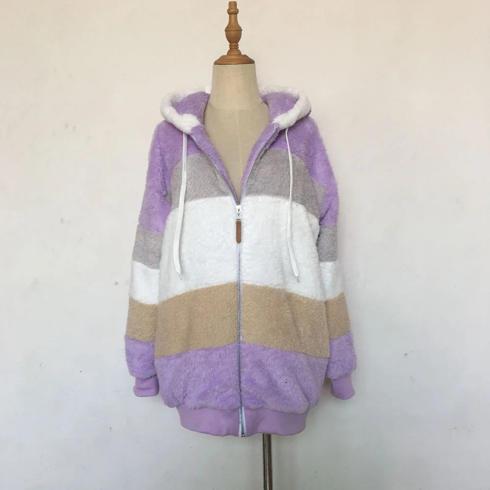 Warm Plush Hooded Coat with Zipper Pockets for Women