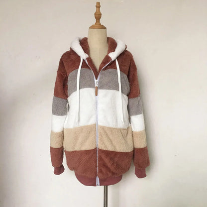 Warm Plush Hooded Coat with Zipper Pockets for Women
