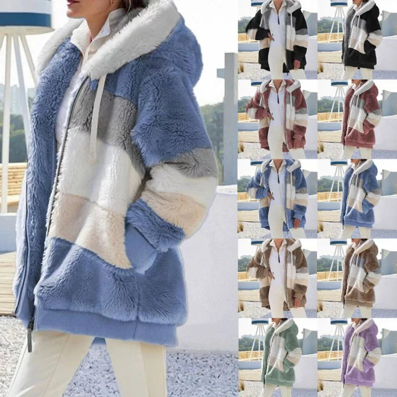 Warm Plush Hooded Coat with Zipper Pockets for Women