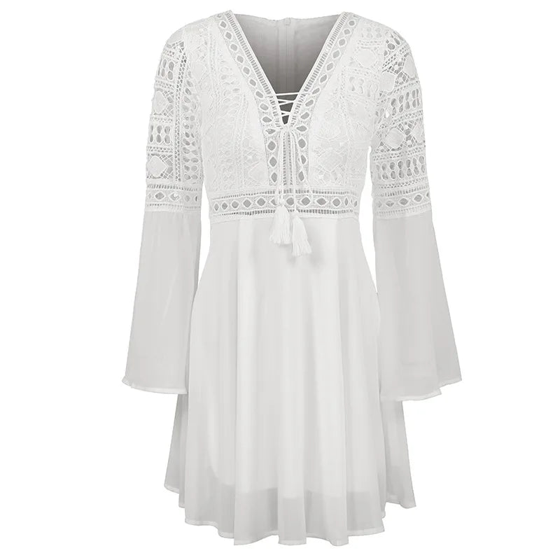 Women's Slim V Neck Chiffon Mini Dress with Ruffles