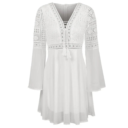 Women's Slim V Neck Chiffon Mini Dress with Ruffles