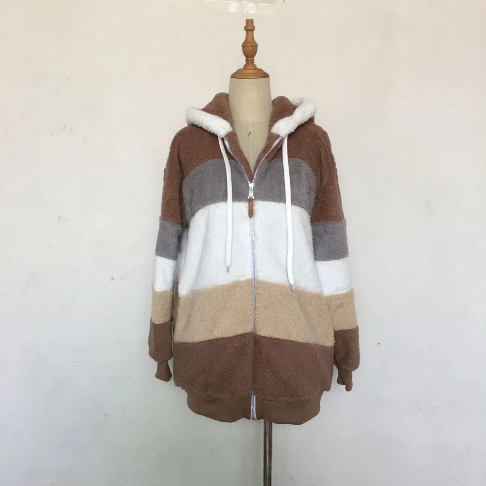 Warm Plush Hooded Coat with Zipper Pockets for Women