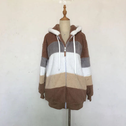 Warm Plush Hooded Coat with Zipper Pockets for Women