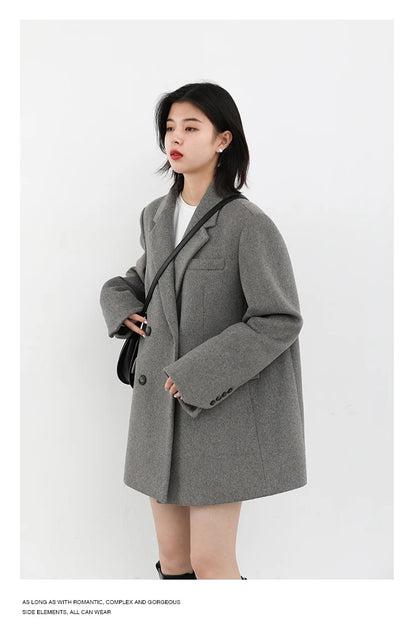 Wool Blend Mid Long Blazer Coat for Women