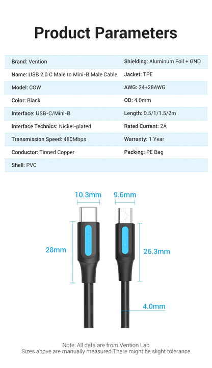 Vention USB C to Mini USB Cable for Digital Camera