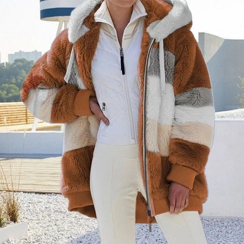 Warm Plush Hooded Coat with Zipper Pockets for Women