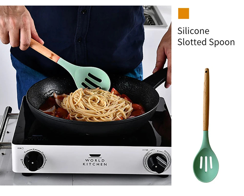 Silicone Kitchen Utensils Set with Wooden Handles