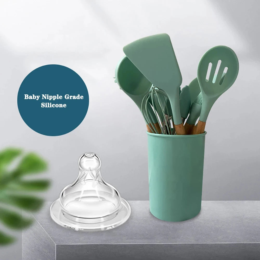 Silicone Kitchen Utensils Set with Wooden Handles
