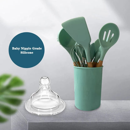 Silicone Kitchen Utensils Set with Wooden Handles