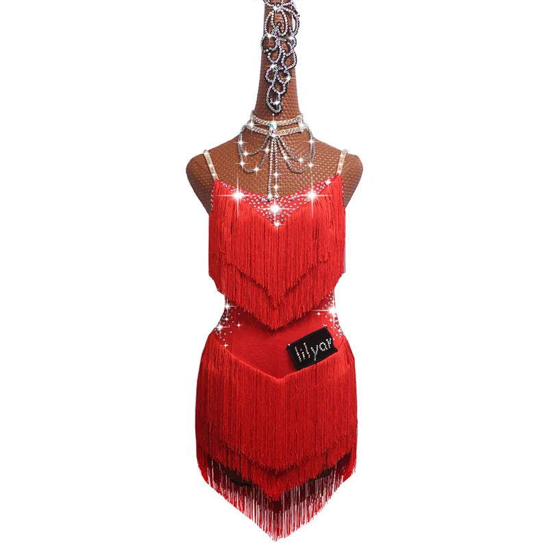 Latin Dance Dress with Rhinestones and Tassels in Red and White