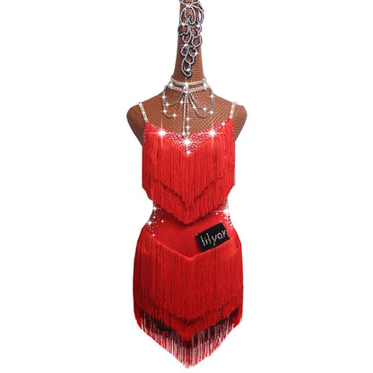 Latin Dance Dress with Rhinestones and Tassels in Red and White