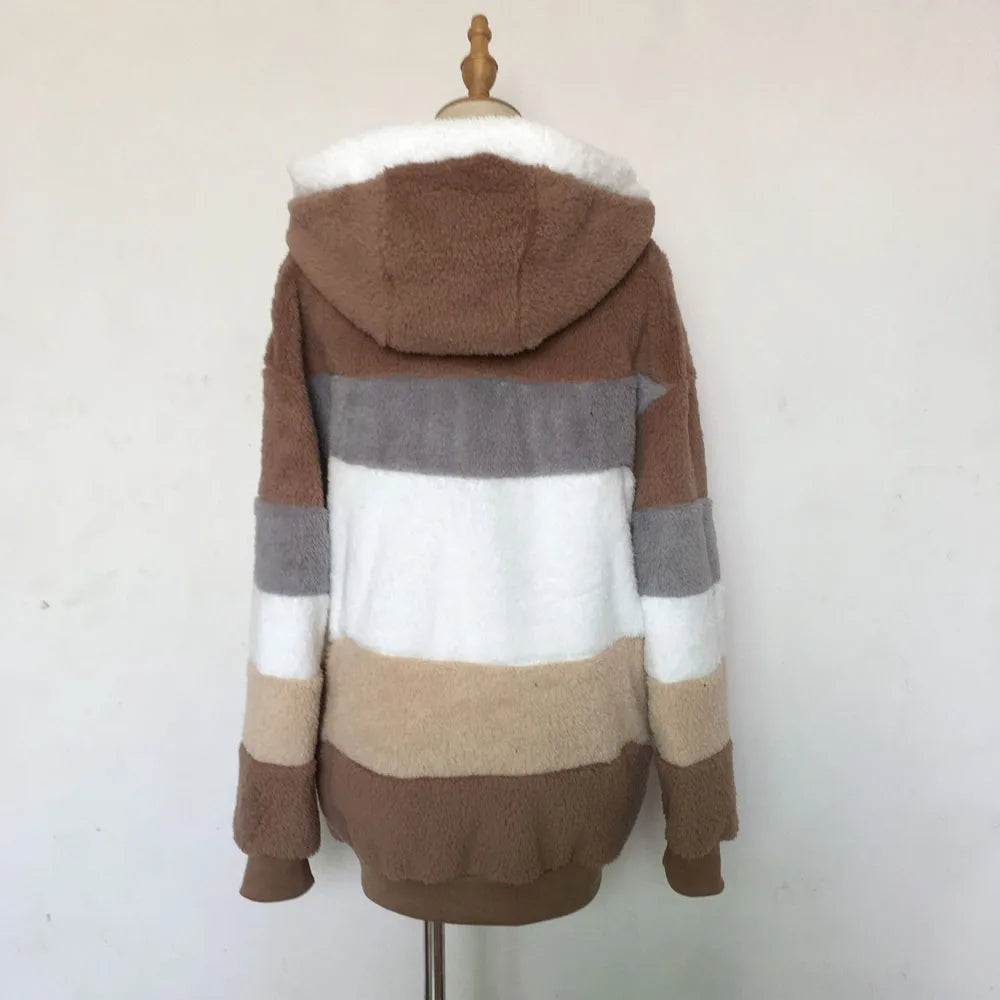 Warm Plush Hooded Coat with Zipper Pockets for Women