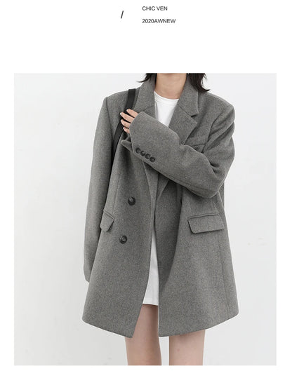 Wool Blend Mid Long Blazer Coat for Women