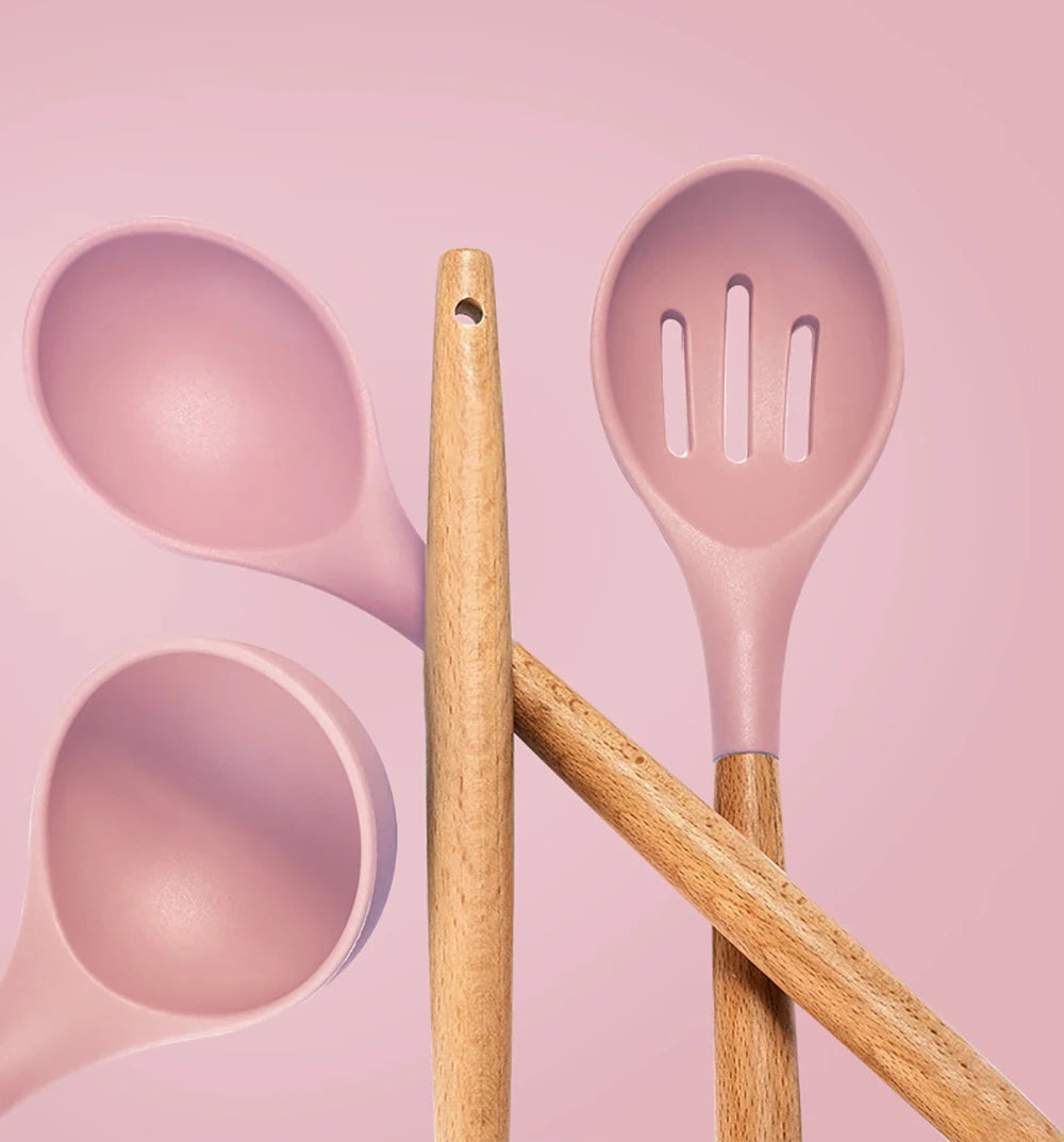 Silicone Kitchen Utensils Set with Wooden Handles