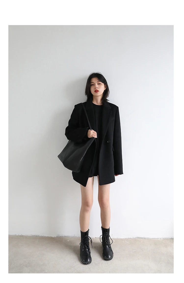 Wool Blend Mid Long Blazer Coat for Women