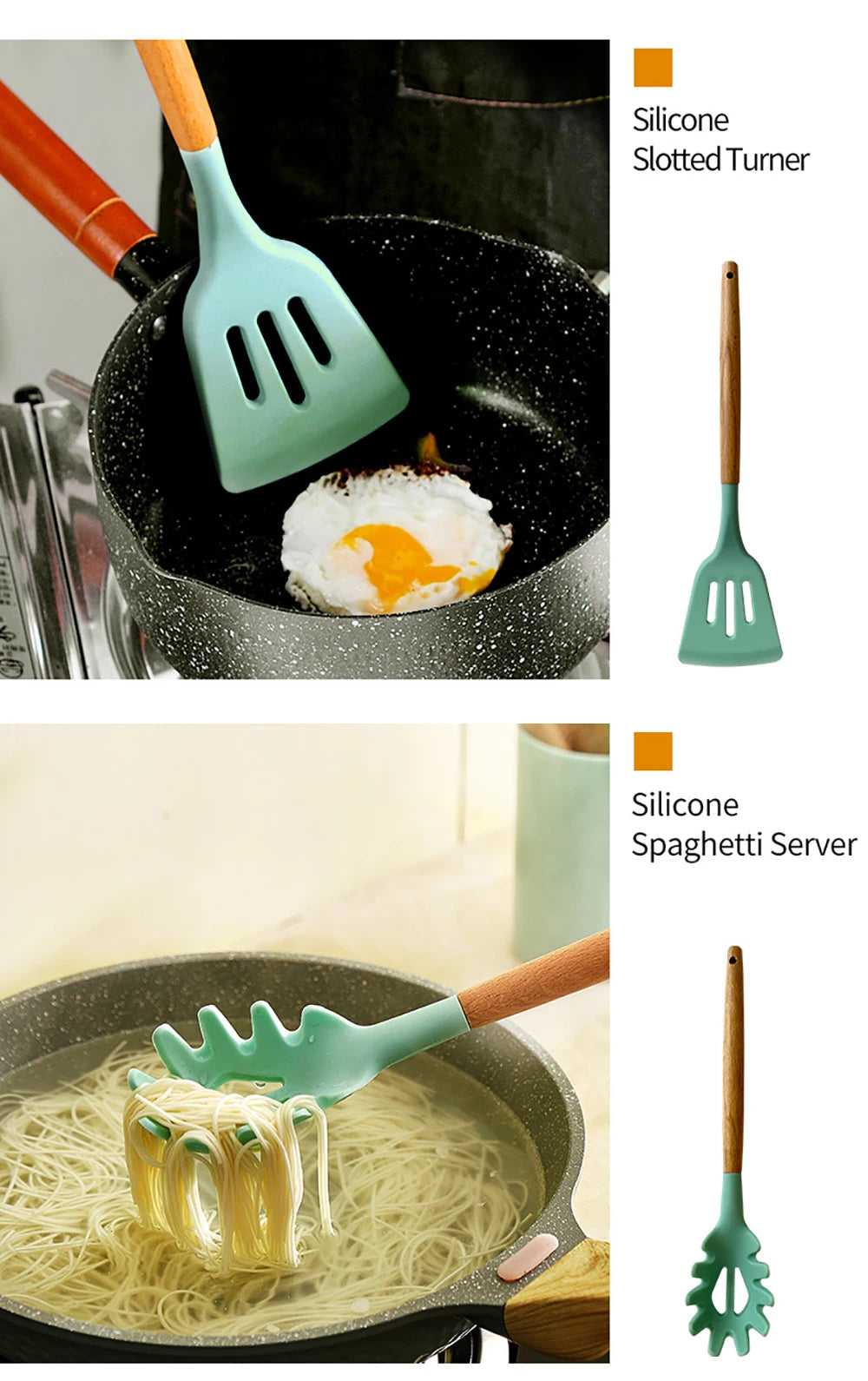 Silicone Kitchen Utensils Set with Wooden Handles