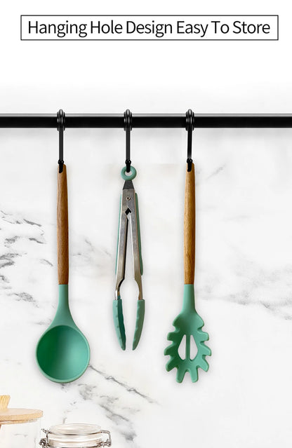 Silicone Kitchen Utensils Set with Wooden Handles