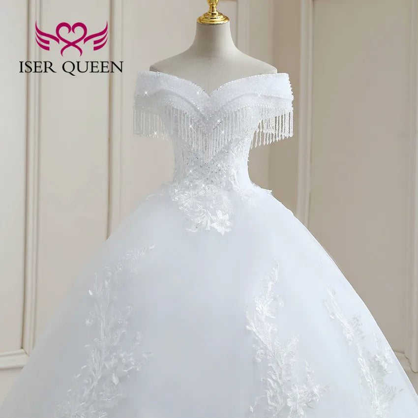 Customized Crystal Beaded Lace Wedding Dress Plus Size