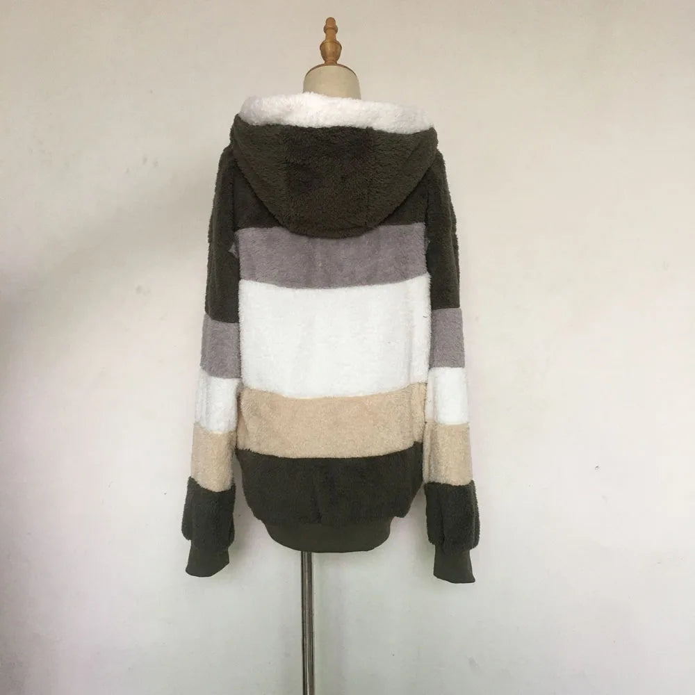 Warm Plush Hooded Coat with Zipper Pockets for Women