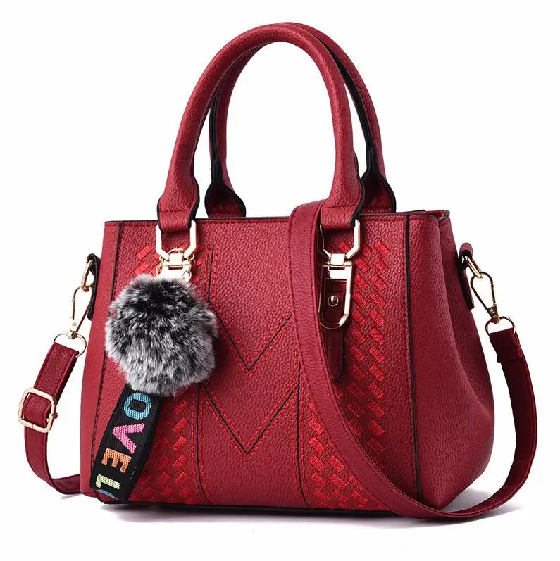 Leather Messenger Bag with Fur Decoration for Women