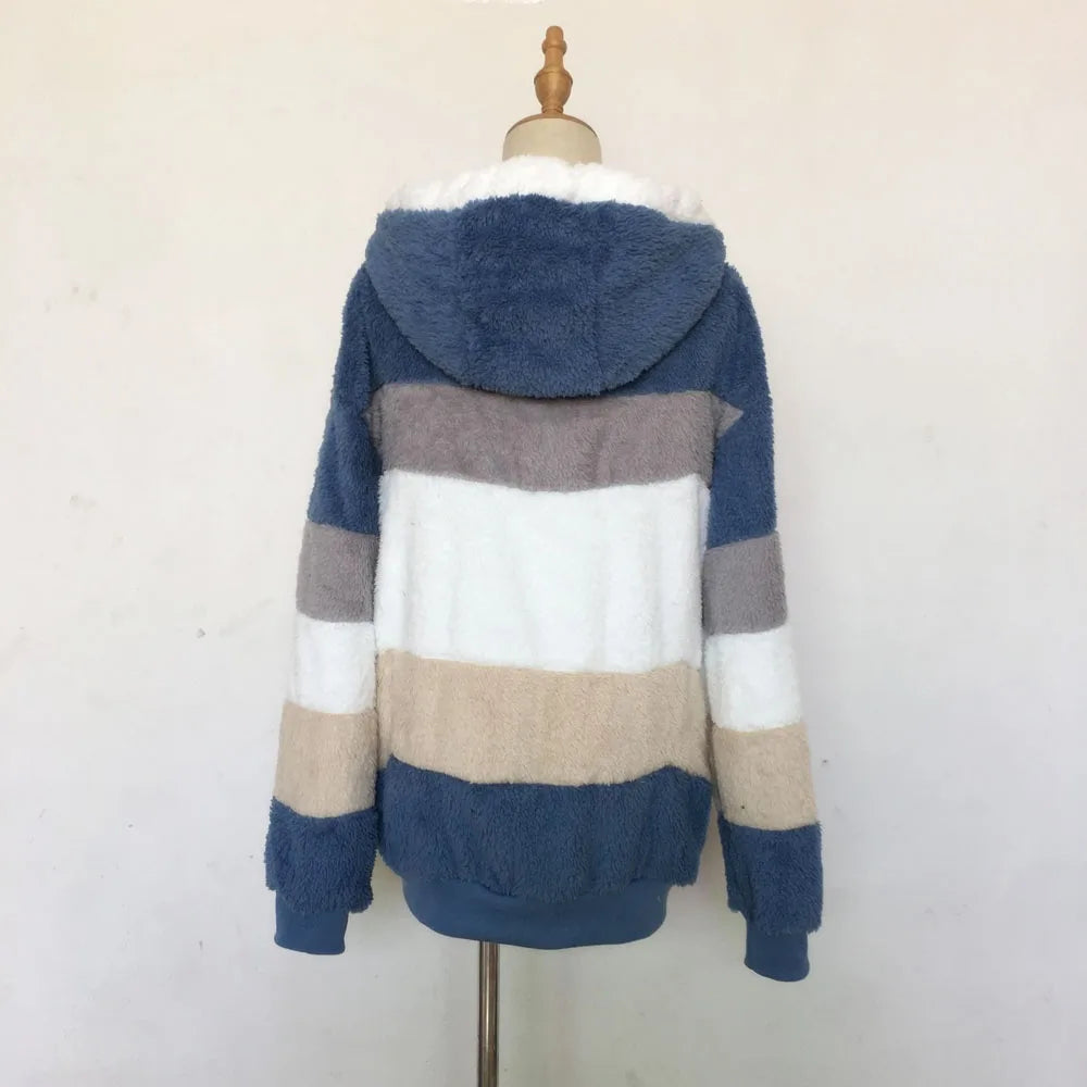 Warm Plush Hooded Coat with Zipper Pockets for Women