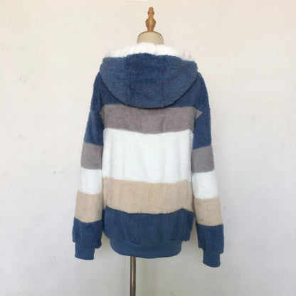 Warm Plush Hooded Coat with Zipper Pockets for Women
