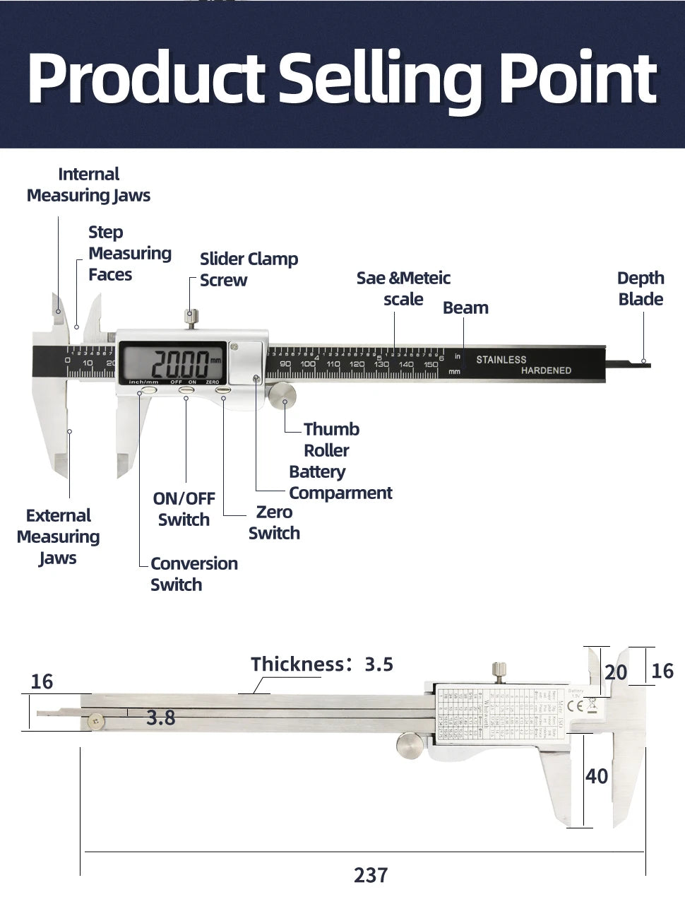 Digital Caliper Stainless Steel Thickness Gauge