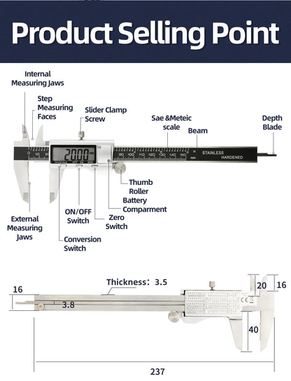 Digital Caliper Stainless Steel Thickness Gauge