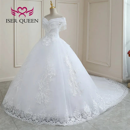 Customized Crystal Beaded Lace Wedding Dress Plus Size