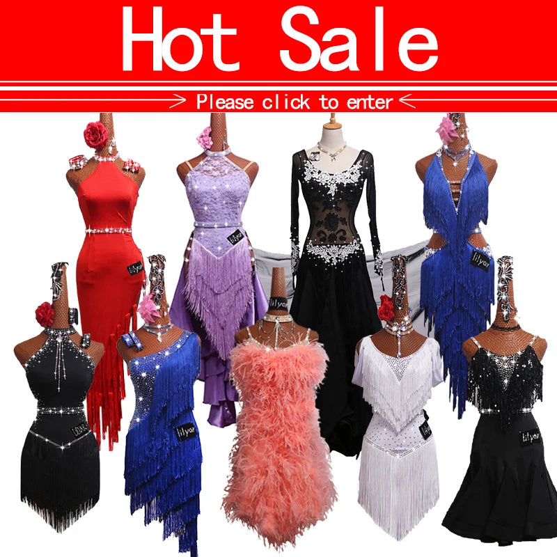 Latin Dance Dress with Rhinestones and Tassels in Red and White