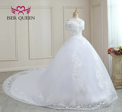 Customized Crystal Beaded Lace Wedding Dress Plus Size
