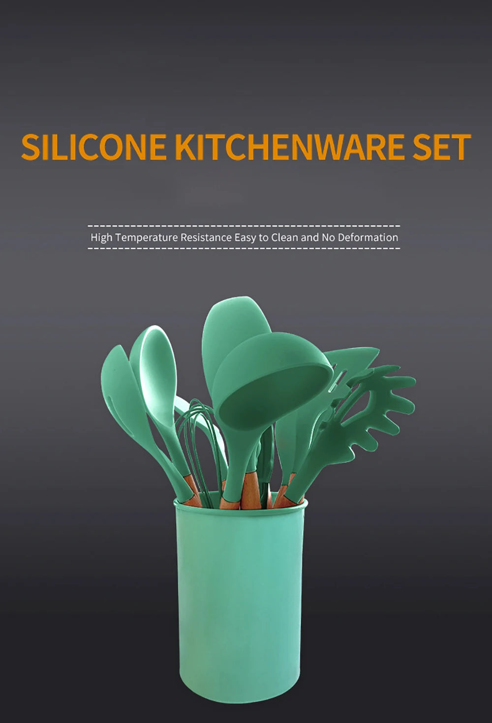 Silicone Kitchen Utensils Set with Wooden Handles