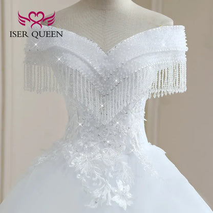 Customized Crystal Beaded Lace Wedding Dress Plus Size